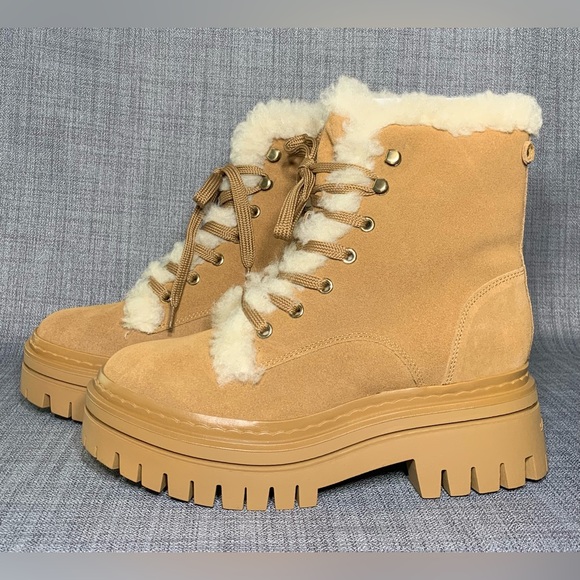 Sam Edelman Kyler 2 Caramel Suede Faux Shearling Combat Boots - Picture 4 of 7